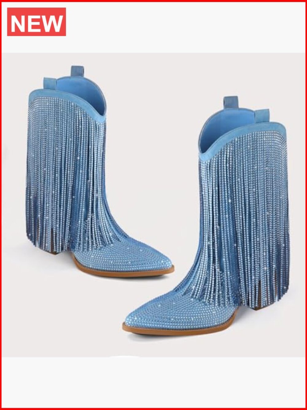 Cowgirl Western Rhinestone Fringe Chunky Heel Pointed Toe Mid Calf Boots - Picture 4 of 7